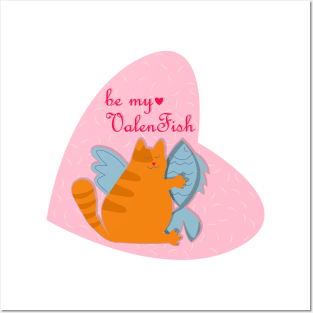 Be my valentine chonk cat holding fish Posters and Art